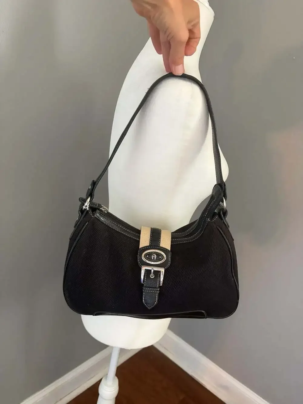 Etienne Aigner Black Canvas Crossbody Bag with Gold Accent